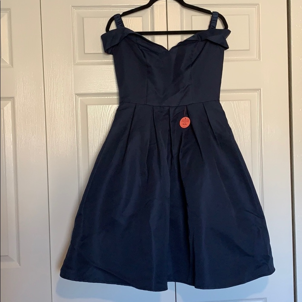 Off the shoulder navy dress.